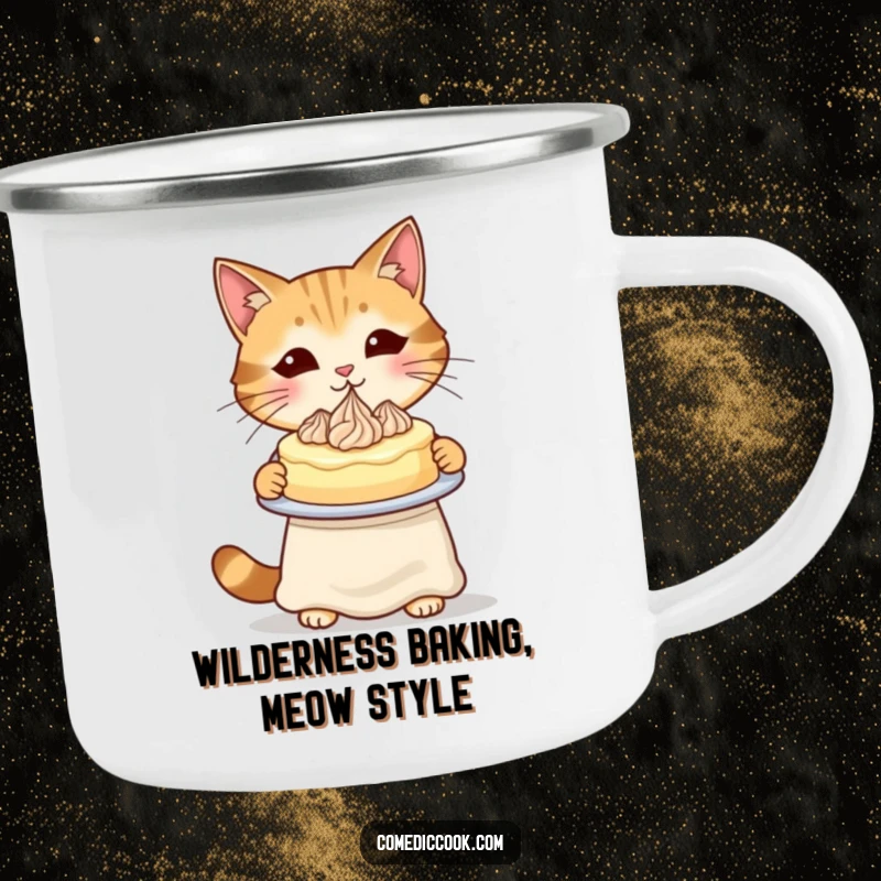 Funny Cat Baker Camping Mug showing a cat in an apron presenting a cake, perfect for outdoor enjoyment.