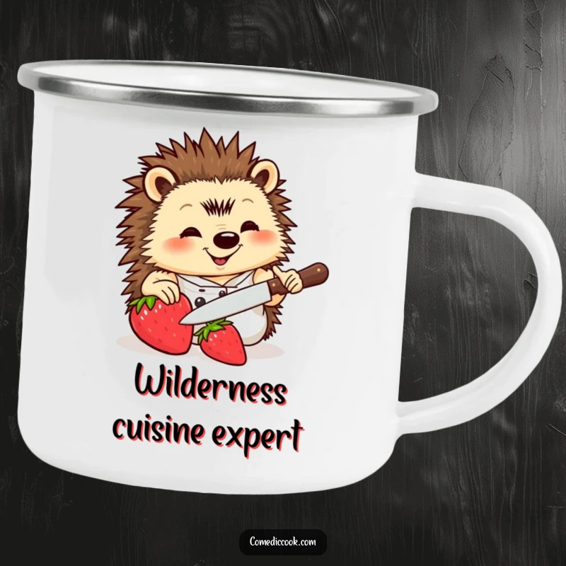 Funny Hedgehog Chef Camping Mug featuring a hedgehog chef slicing a strawberry, great for outdoor cooking and humorous sipping.