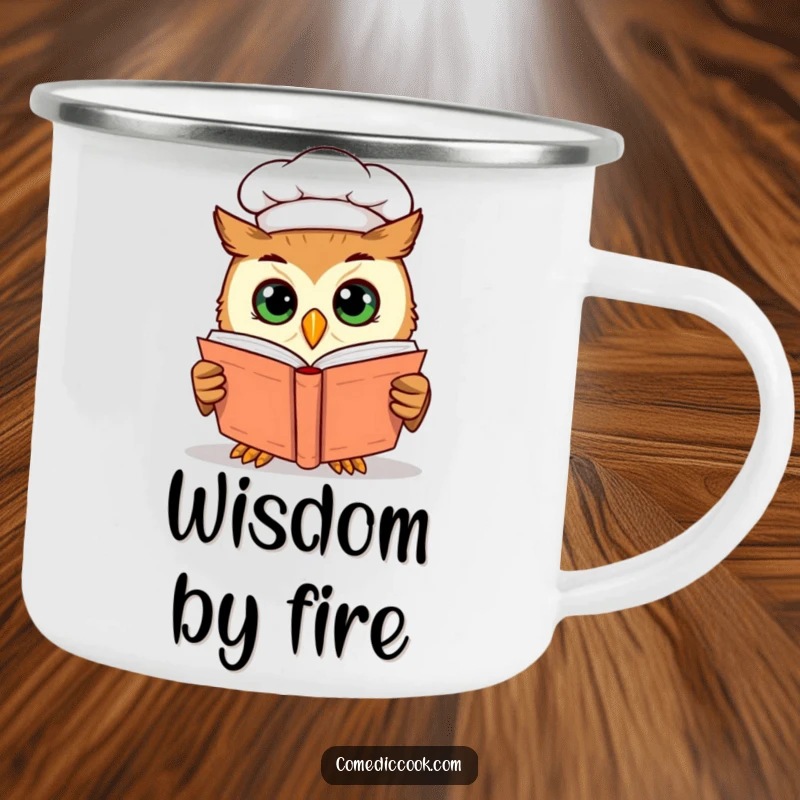 Funny curious owl chef peering into a cookbook, ready for adventure on a durable camping mug, perfect for outdoor enthusiasts.
