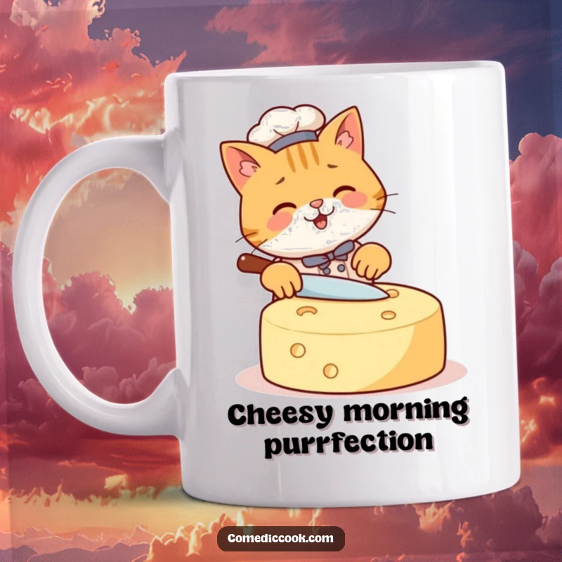 Funny Cat Chef Mug shows a happy cat expertly slicing a giant cheese wheel with a huge grin, perfect for a humorous gift.