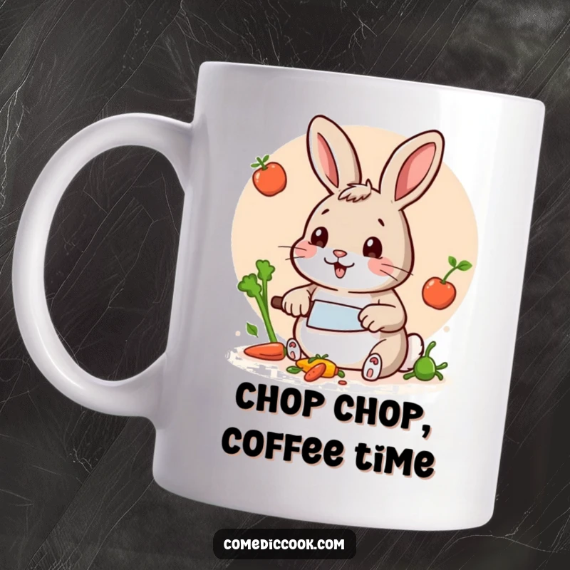 Funny Rabbit Chef Mug: A cheerful rabbit expertly chopping vegetables with a tiny knife, showcasing culinary skill with a funny and cute design.