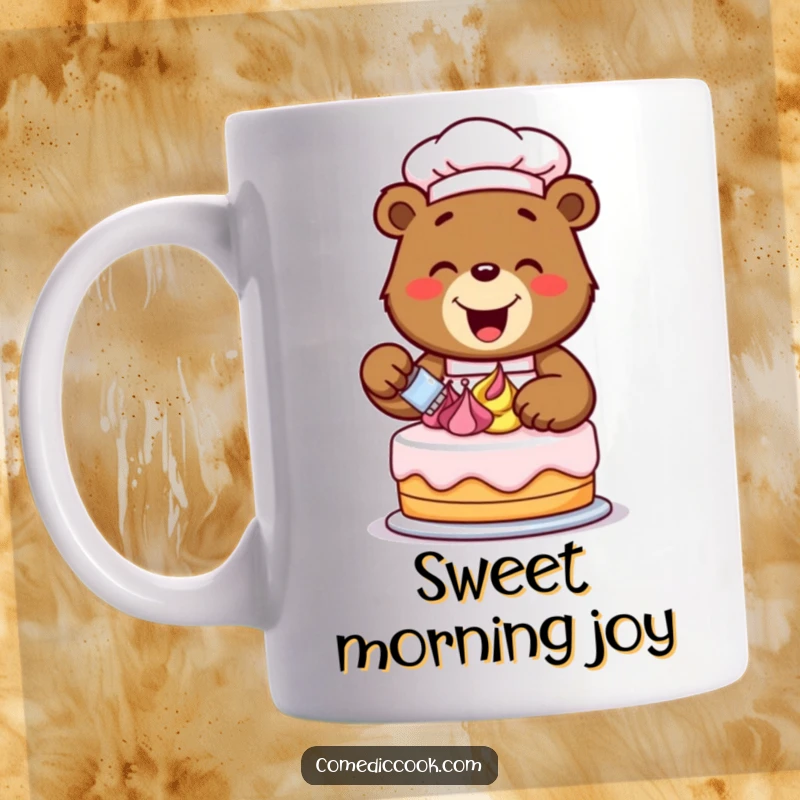 Funny, happy bear chef excitedly decorating a cake with colorful frosting swirls, spreading sweetness and joy with every sip.