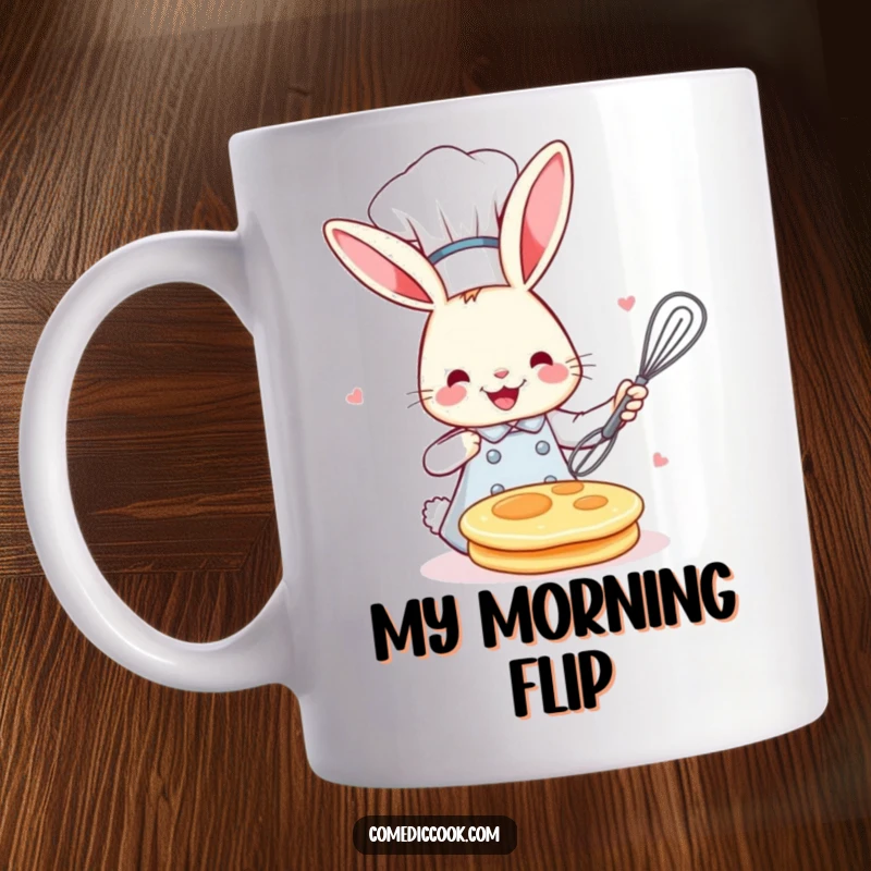 Funny bunny chef in a toque, happily flipping a pancake with a whisk, ready for a delicious breakfast and a good laugh.