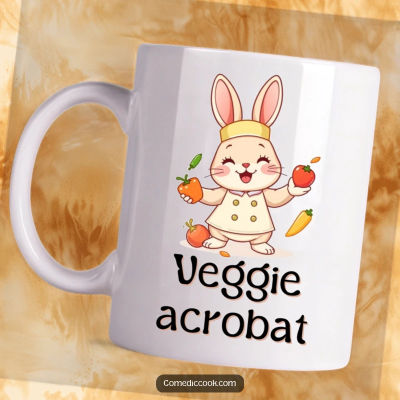 Funny bunny chef mug featuring a cute rabbit juggling miniature vegetables, perfect for foodies and garden enthusiasts seeking humor.
