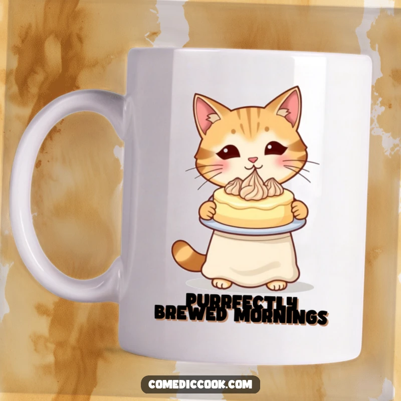 Funny Cat Baker Mug showing a cat in an apron presenting a beautifully decorated cake with proud flair.