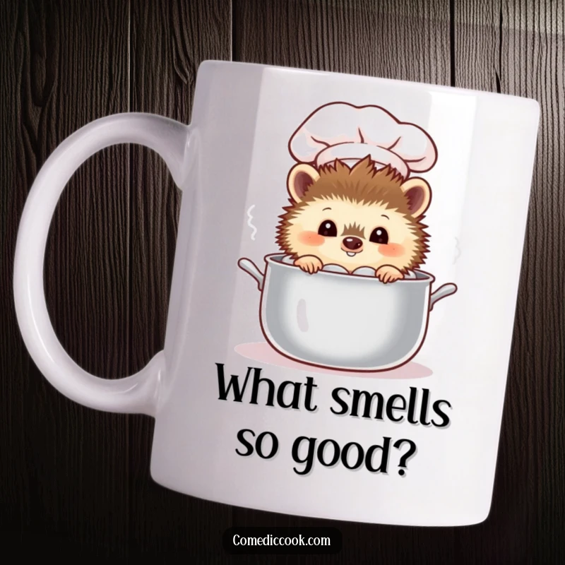 Funny curious hedgehog chef peeking into a steaming pot with wide eyes on a mug.