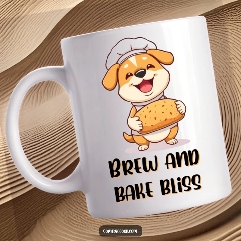 Funny Dog Chef Mug: A joyful dog chef proudly presents a golden loaf of freshly baked bread, a heartwarming culinary scene.