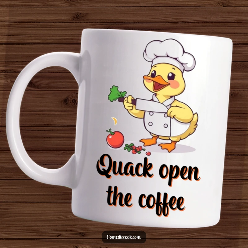 Funny Duck Chef Mug: A bouncing duck chef energetically chops vegetables with a small cleaver, a scene of culinary delight.