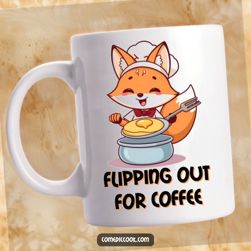 Funny Fox Chef Mug: Cheerful fox expertly flipping a pancake with a flourish, adding humor to your morning coffee.
