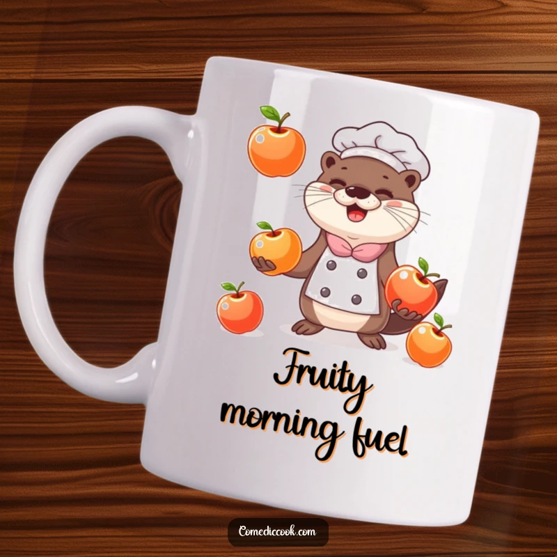 Funny happy otter chef with a big grin, skillfully juggling three shiny apples on a mug.