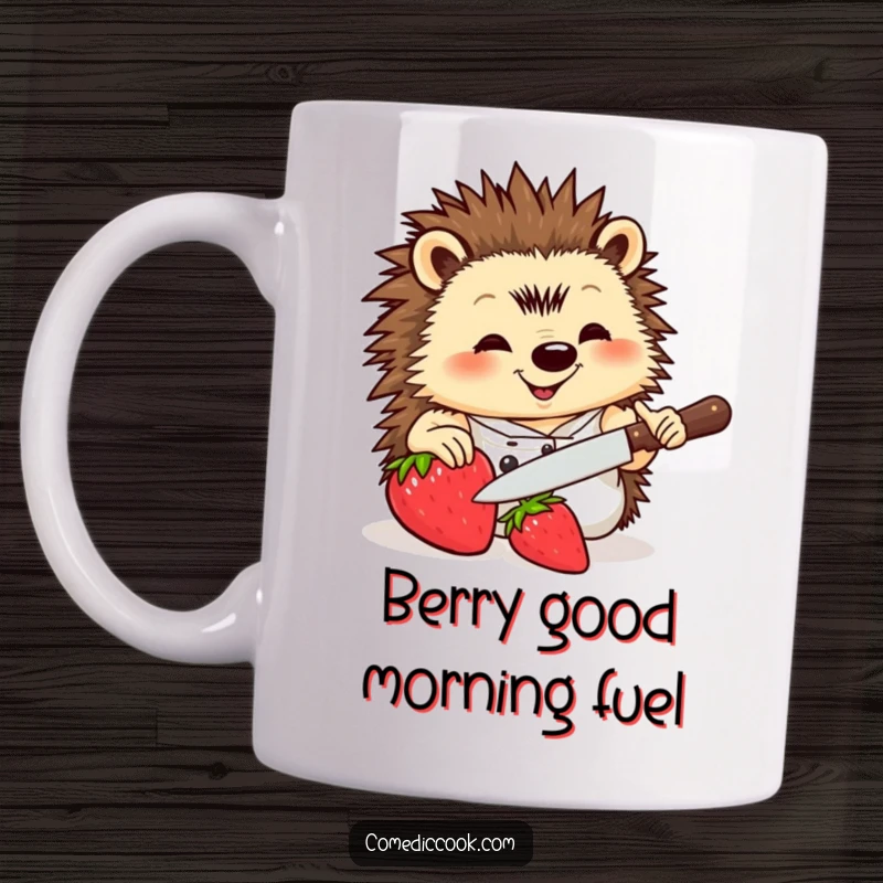 Funny Hedgehog Chef Mug with a smiling hedgehog meticulously slicing a strawberry with a miniature knife, showcasing culinary passion with humor.