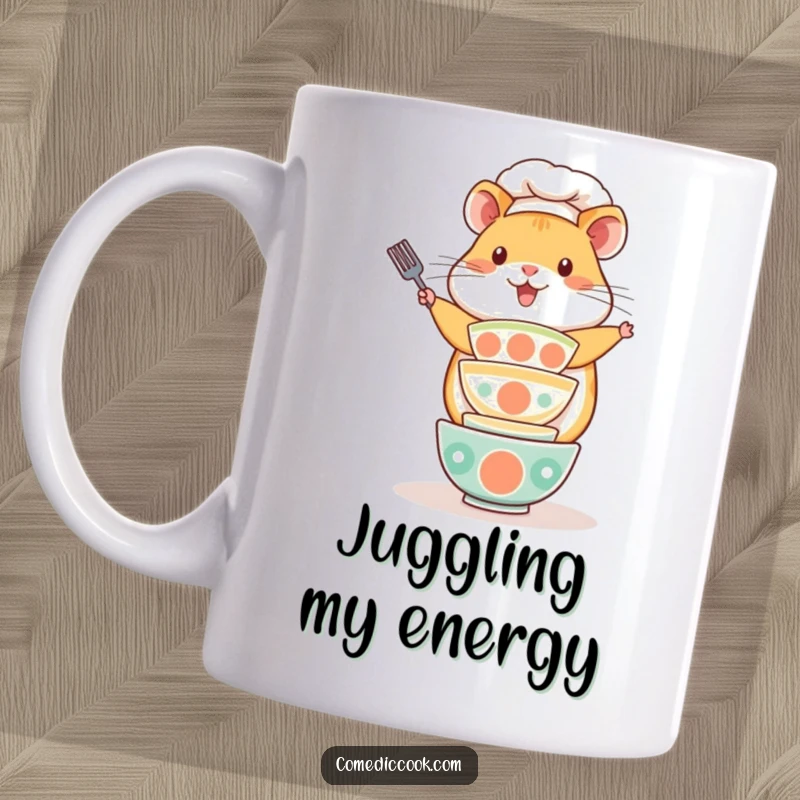 Funny Kawaii hamster chef mug, playfully balancing a stack of tiny bowls. Great gift for busy bakers and cute animal lovers.