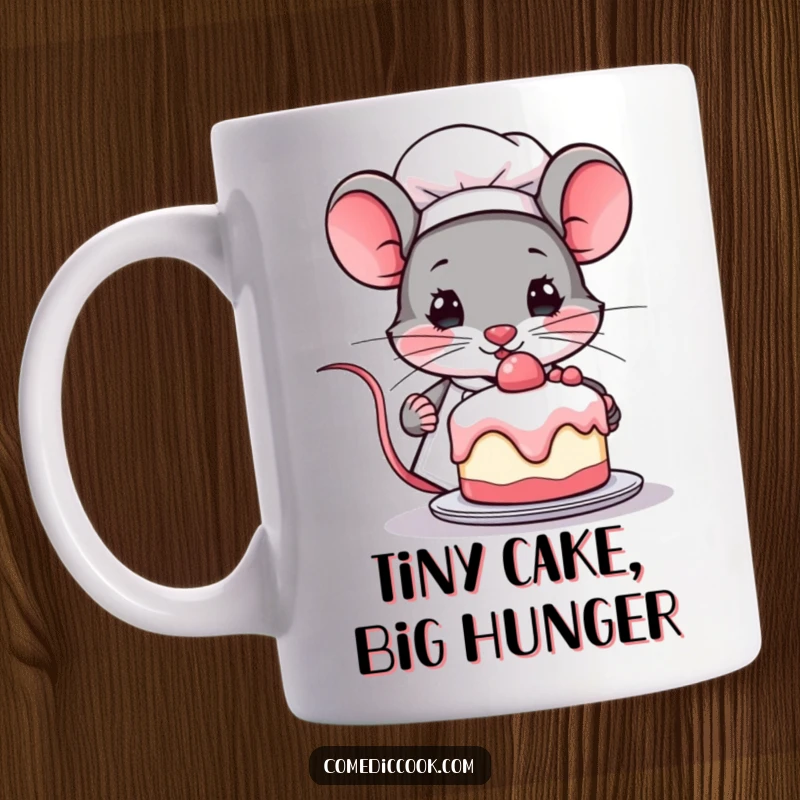 Funny Kawaii mouse chef mug, proudly presenting a tiny cake with a determined, cute expression. Perfect for bakers and gift-givers.