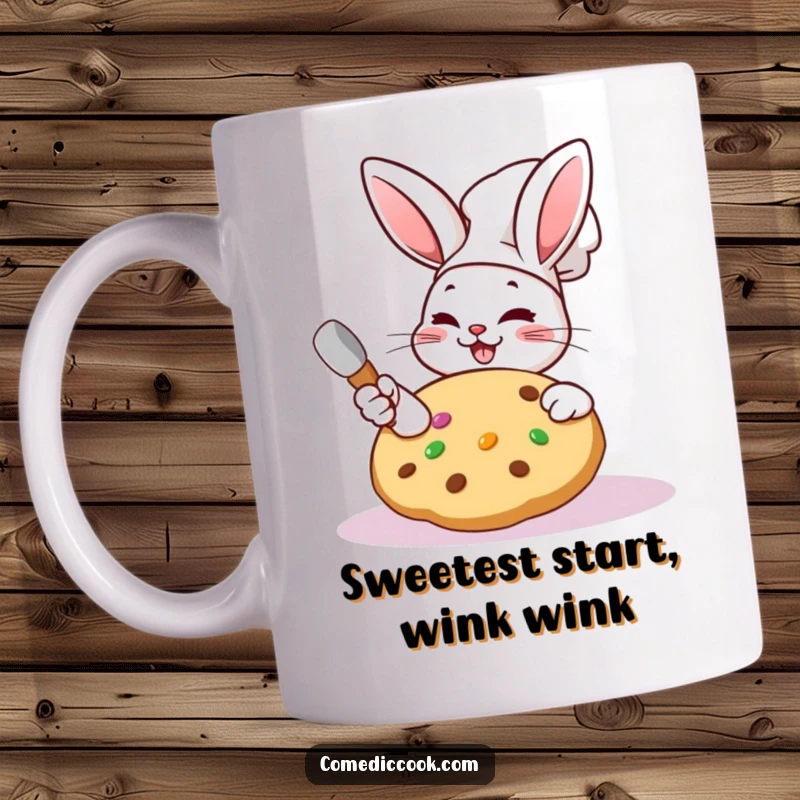 Funny Kawaii rabbit chef mug with a cheerful character frosting a giant cookie and winking.