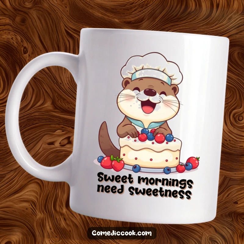 Funny Otter Chef Mug: Smiling otter happily decorating a cake with berries, a joyful and humorous kitchen accessory.