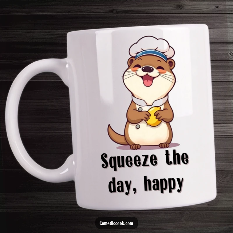 Funny otter chef mug, a cheerful character giggling while squeezing a lemon, showcasing playful energy and zesty culinary fun.
