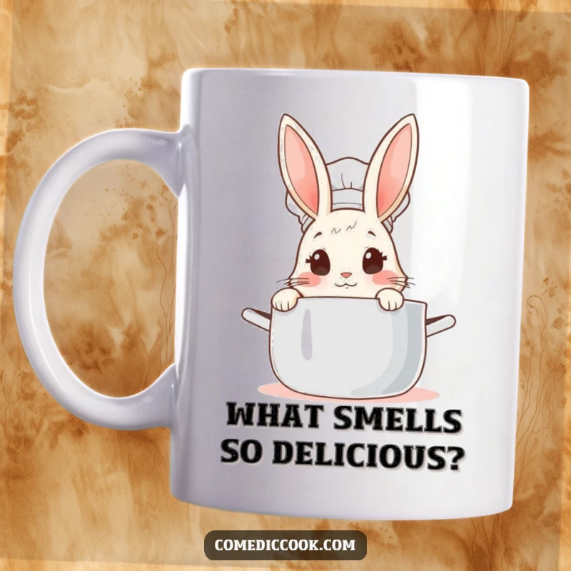 Funny Rabbit Chef Mug: Cute bunny peeking into a steaming pot with wide, curious eyes, a delightful and humorous kitchen accessory.