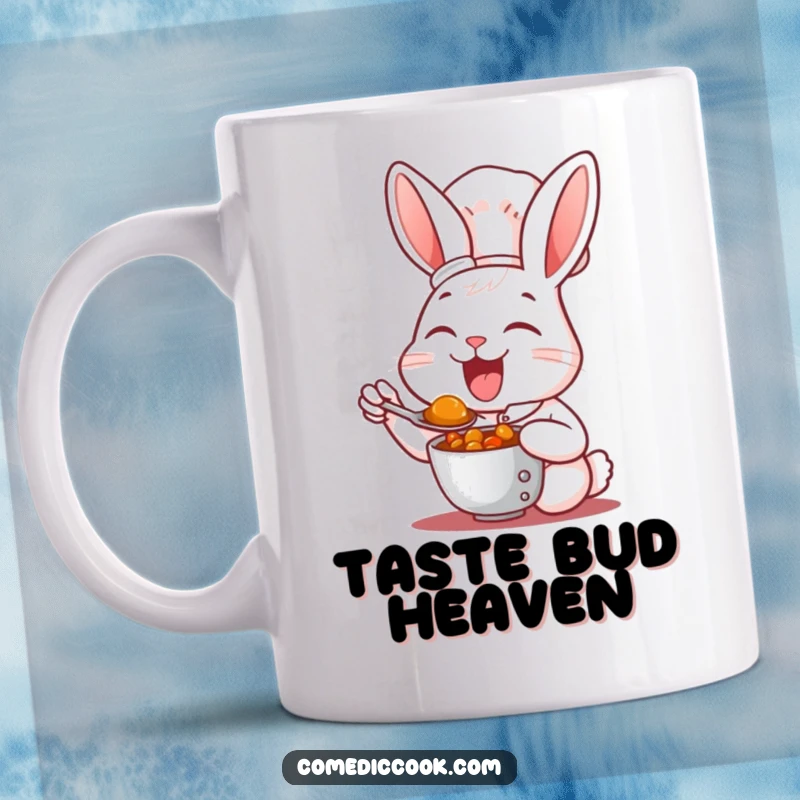 Funny Mug: A happy rabbit chef enthusiastically tastes a spoonful of savory stew, showcasing pure culinary delight.