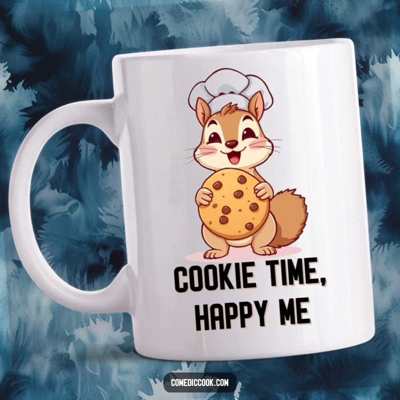 Funny Mug: a squirrel chef enthusiastically holds up a massive cookie, looking proud of its giant baked creation.