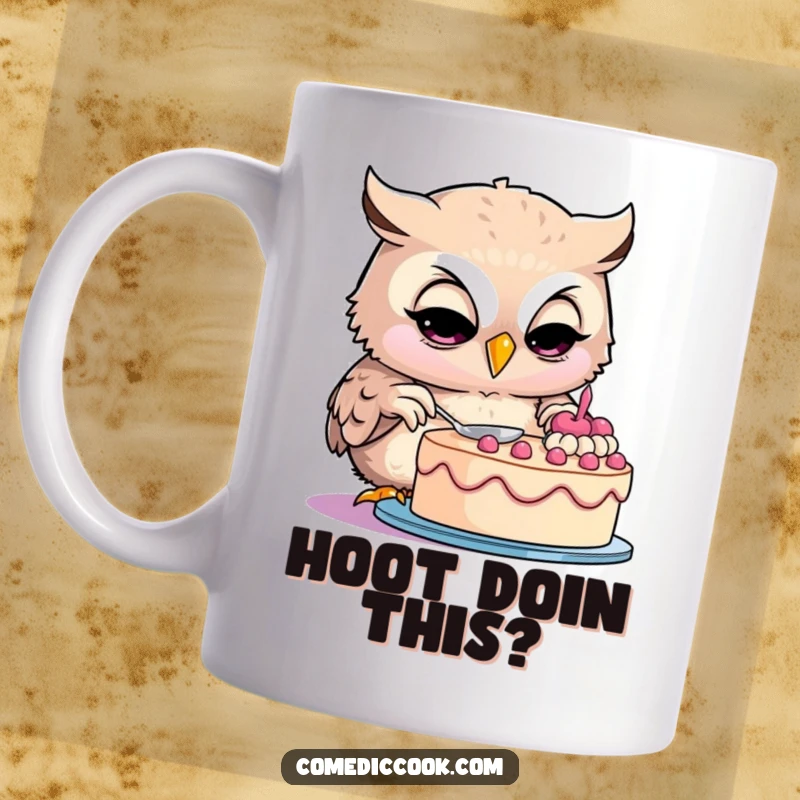 Funny owl mug with a smiling owl baker intensely decorating a cake, perfect for coffee lovers and bakers.