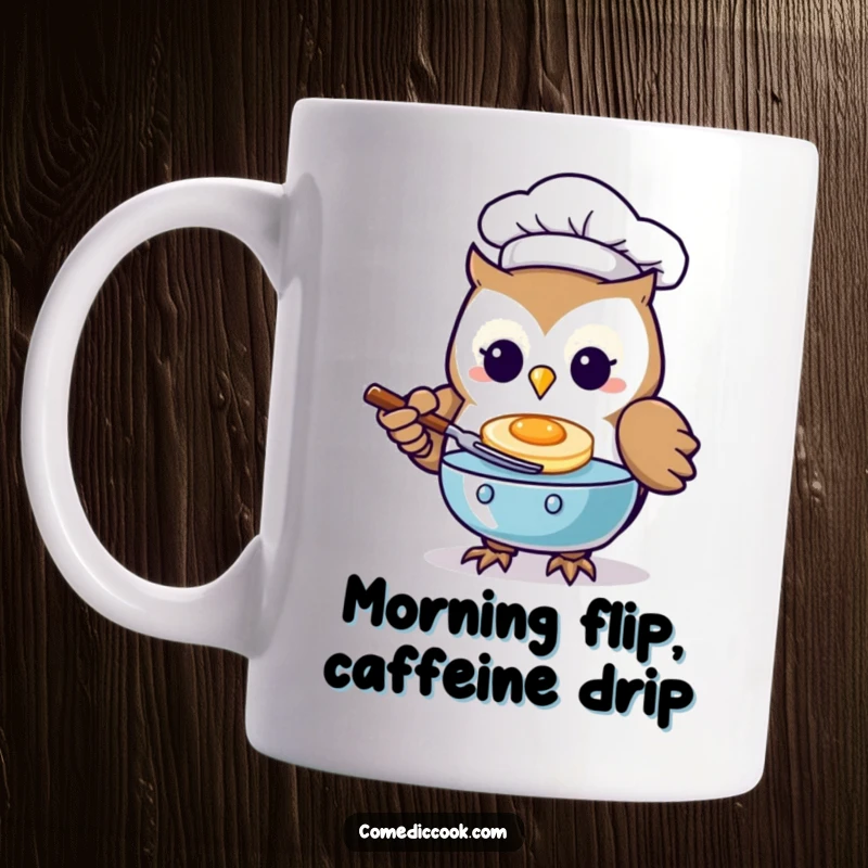 Funny Kawaii owl chef mug with a cute character expertly flipping a small pancake, a breakfast champion.