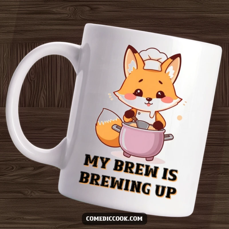 Funny Kawaii fox chef mug overflowing with a bubbling pot, looking flustered but determined to cook a delicious meal, great gift.