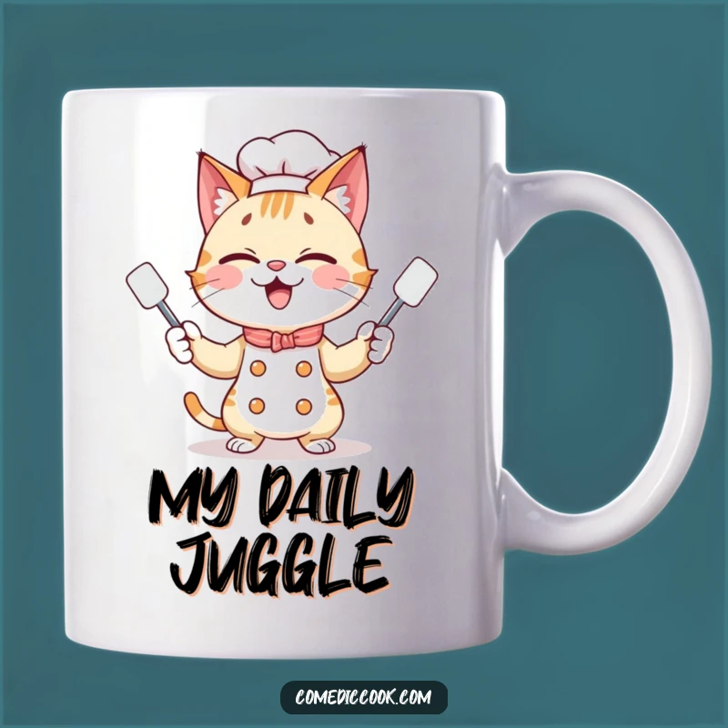 Funny Cat Chef Juggling Spatulas Mug: Playful Kitchen Gift