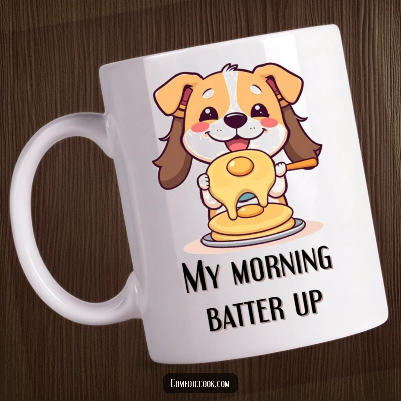 Funny mug showcasing a joyful dog skillfully flipping a golden-brown pancake mid-air, embodying culinary enthusiasm and a love for breakfast.