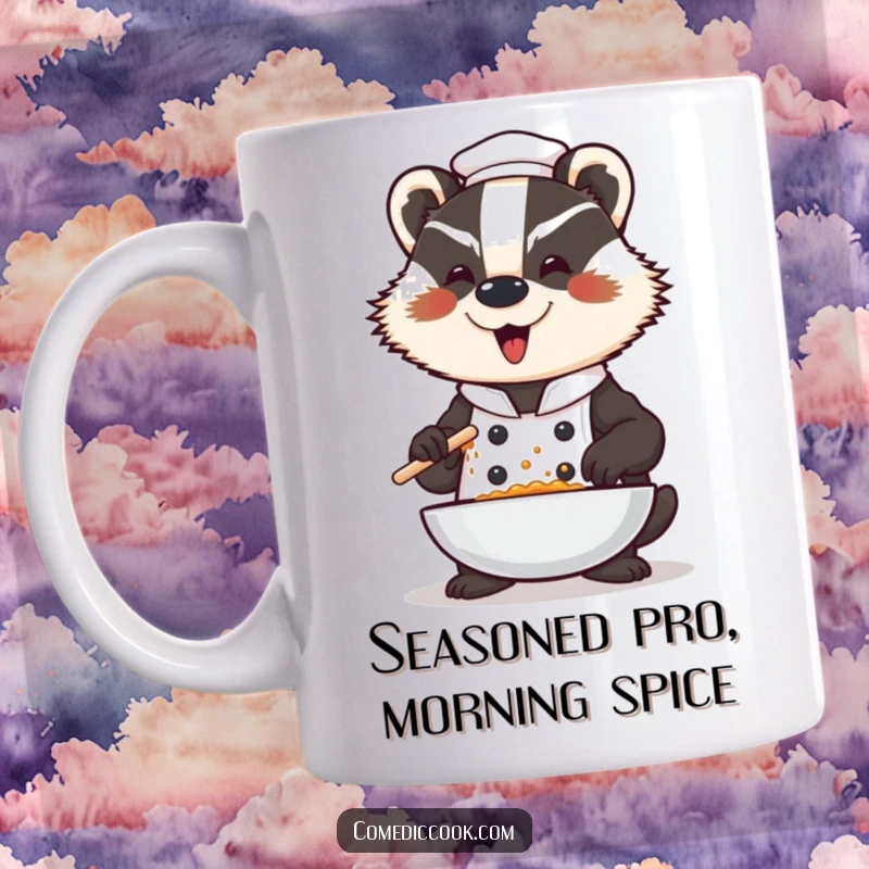 Funny badger chef mug, a dramatic character with a flourish seasoning a dish, showcasing culinary flair and humorous intensity.