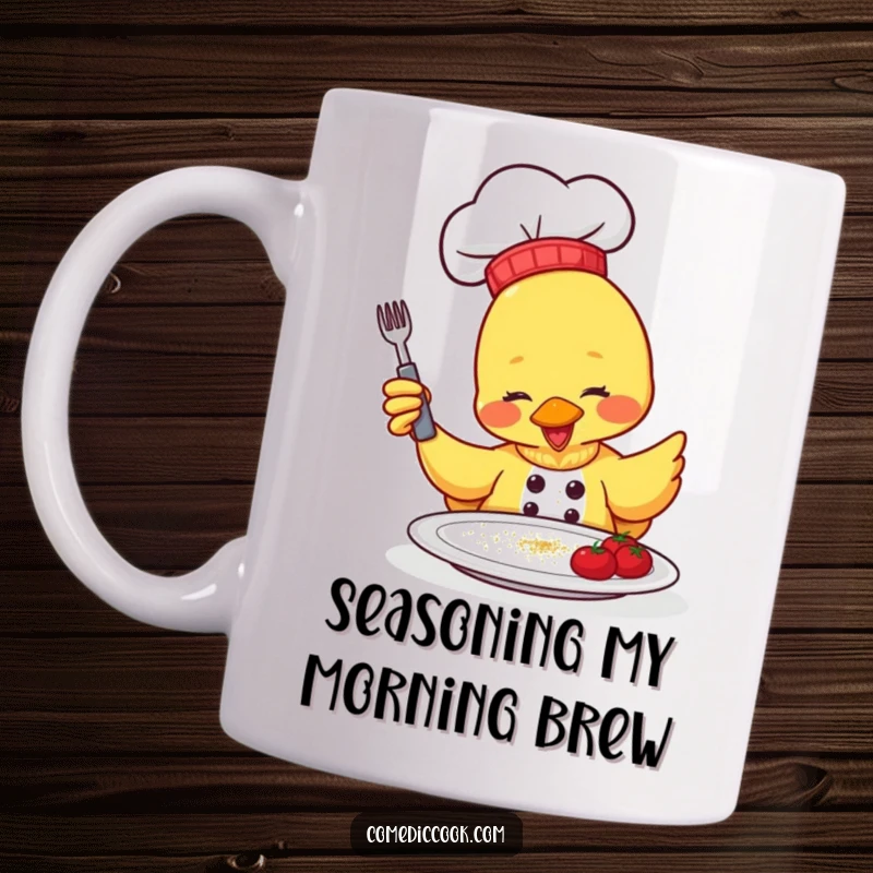 Funny Mug: a duck chef gleefully sprinkles seasoning onto a plate, adding a humorous touch to mealtime.