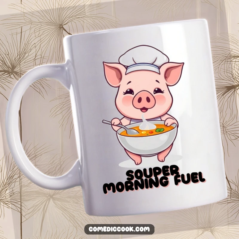 Funny pig chef proudly presents a steaming bowl of delicious soup, embodying culinary passion and a humorous, heartwarming character.