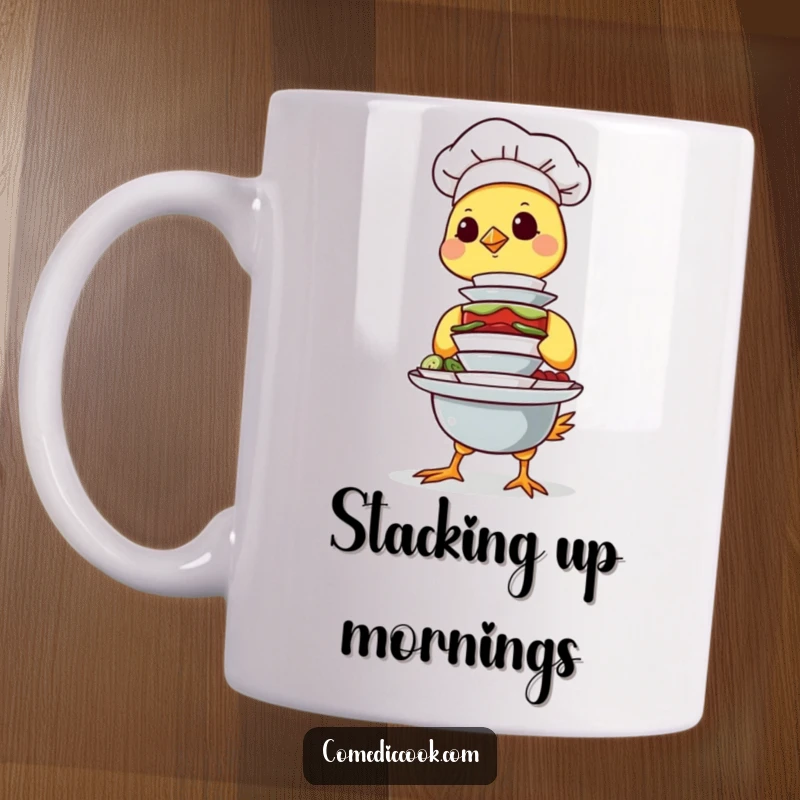 Funny Chick Chef Mug shows a determined chick chef precariously balancing a tall stack of tiny dishes, a humorous and charming gift.