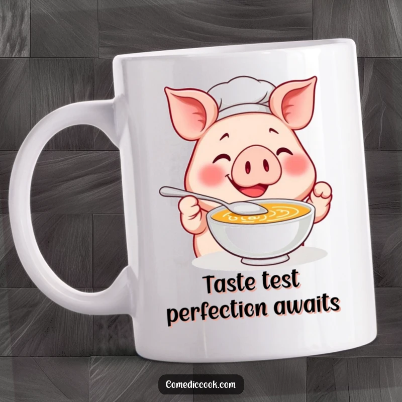 Funny Pig Chef Mug: A smiling pig chef joyfully tastes soup with a tiny spoon, bringing hilarious culinary charm.