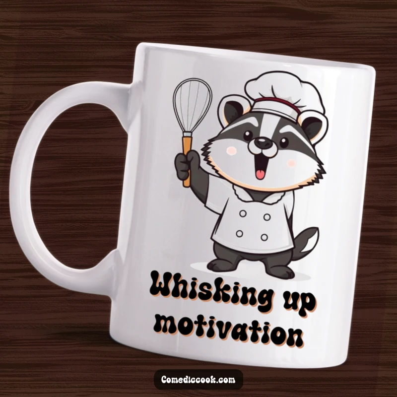 Funny Kawaii badger chef mug, proudly holding a whisk aloft. Great gift for proud bakers and culinary enthusiasts.