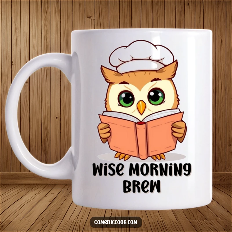 Funny, curious owl chef with wide eyes, peering into a cookbook, representing a quest for culinary knowledge and a good laugh.