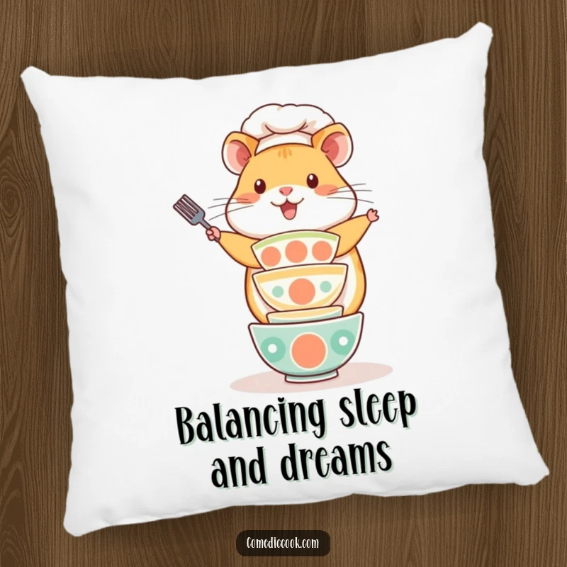 Funny Kawaii hamster chef pillow, showing a playful cute hamster balancing a stack of tiny bowls. Soft, decorative cushion and a lovely funny gift.
