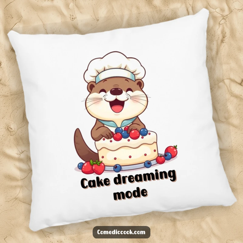 Funny Otter Chef Pillow: Smiling otter happily decorating a cake with berries, a soft and humorous decorative accent.