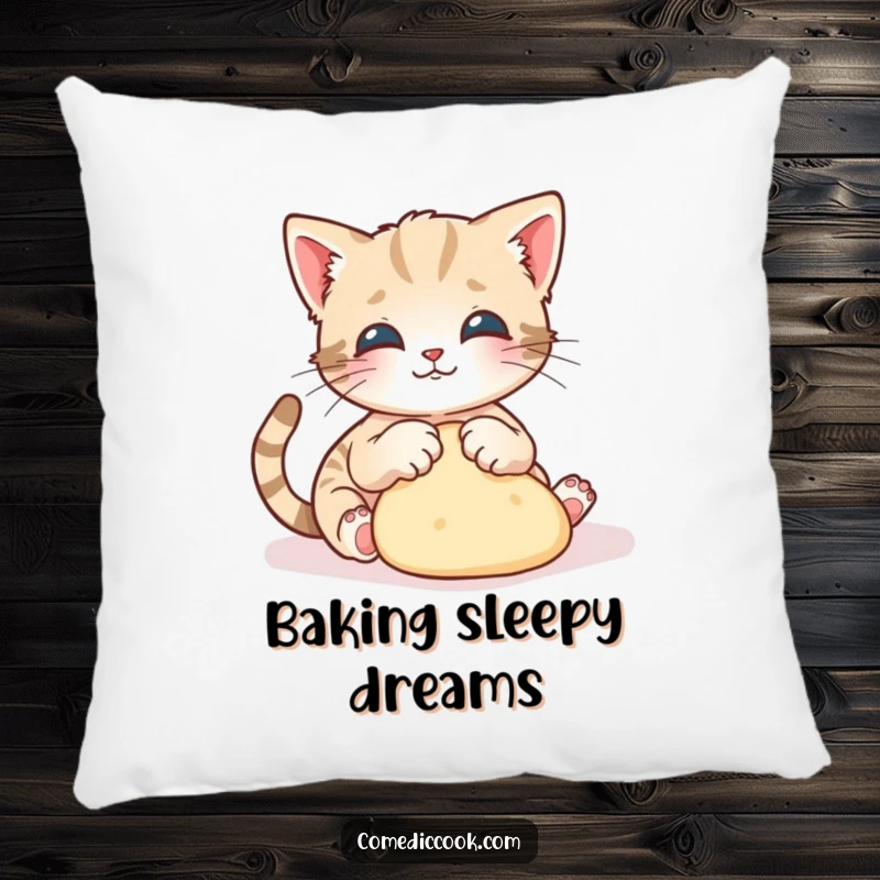 Funny kitten pillow featuring a playful kitten gracefully kneading dough with tiny paws, adding comfort and charm.