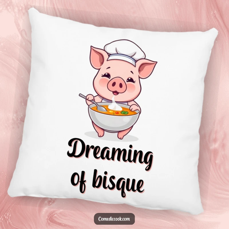 Funny pig chef character offering a steaming bowl of soup on a plush pillow, providing comfort and humorous decor for any space.