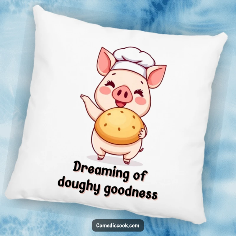 Funny Pig Chef Pillow: A soft pillow featuring a cheerful pig chef proudly presenting a perfectly baked bun.