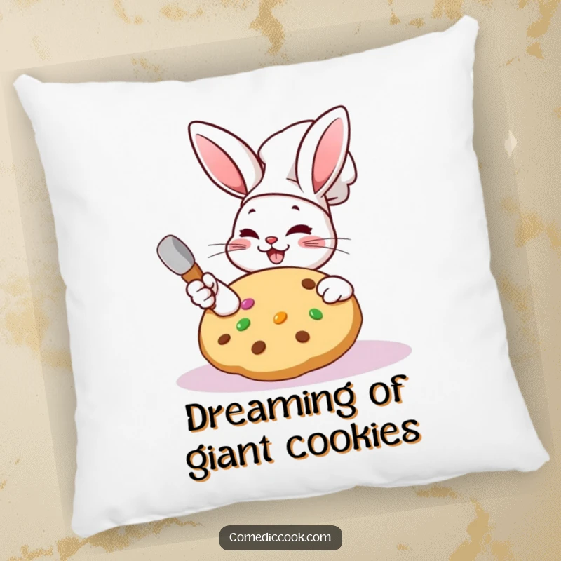 Funny Kawaii rabbit chef pillow with a character frosting a cookie, adding comfort and baking joy.