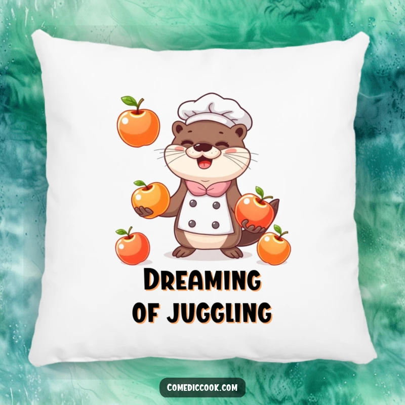 Funny happy otter chef juggling three shiny apples, designed as a soft and humorous accent pillow.