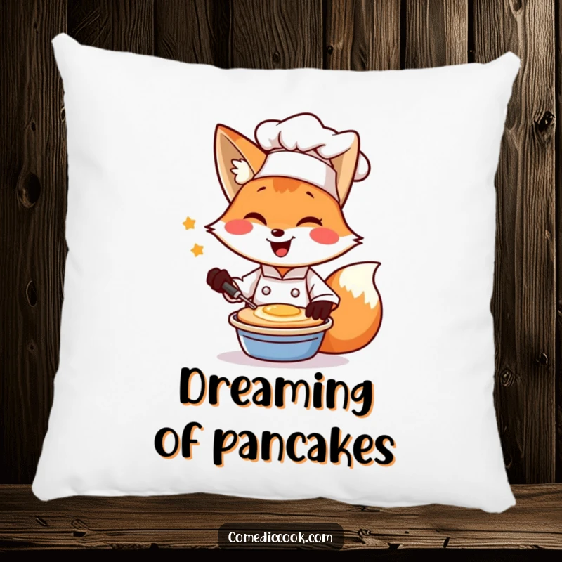 Funny pillow with a winking fox chef flipping a pancake, a cozy breakfast-themed accent.