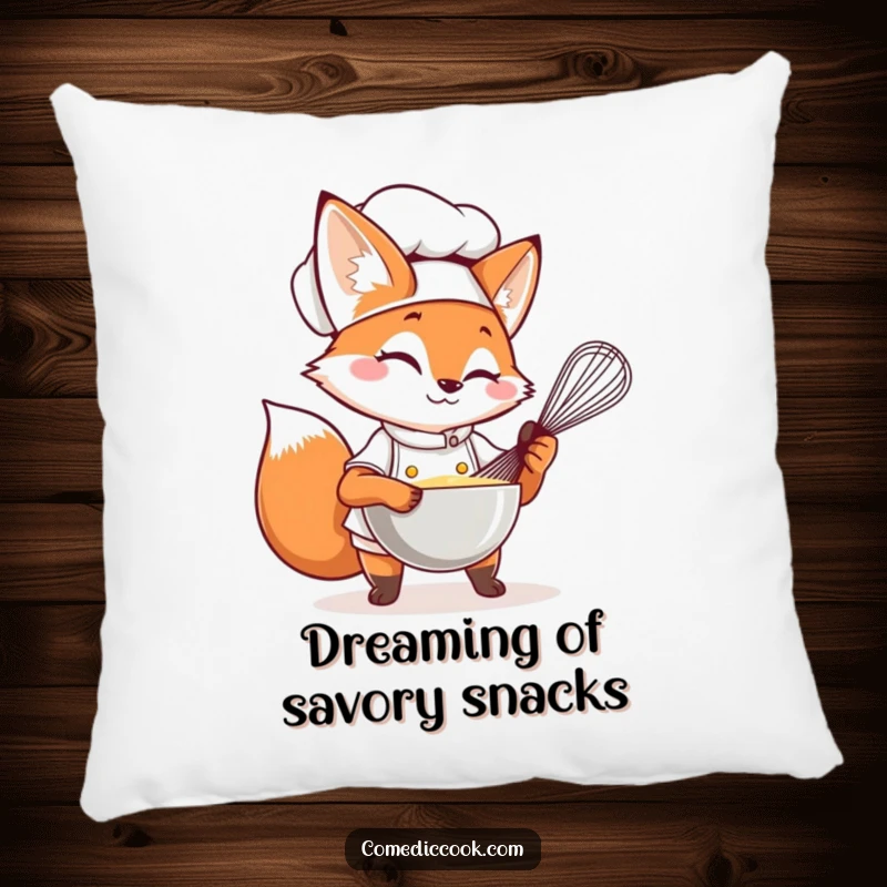 Funny Fox Chef Pillow showcasing a winking fox chef whisking, perfect for adding whimsical comfort.