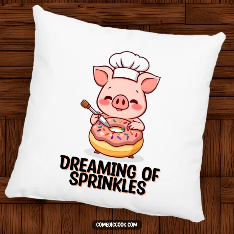 Funny Kawaii pig chef pillow, showing a smiling pig decorating a donut with bright sprinkles. Soft, cute cushion and a delightful funny gift.