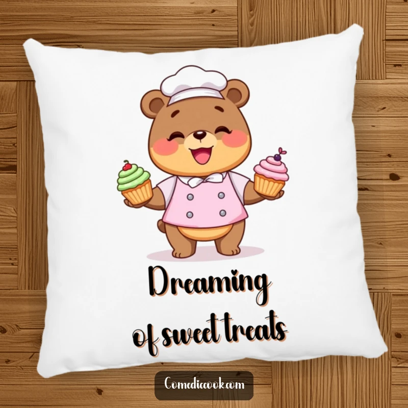 Funny Kawaii bear chef pillow with a character juggling cupcakes, adding comfort and sweetness.