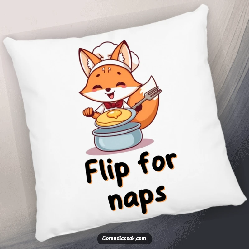 Funny Fox Chef Pillow: Cheerful fox expertly flipping a pancake, a soft and humorous addition to any space.