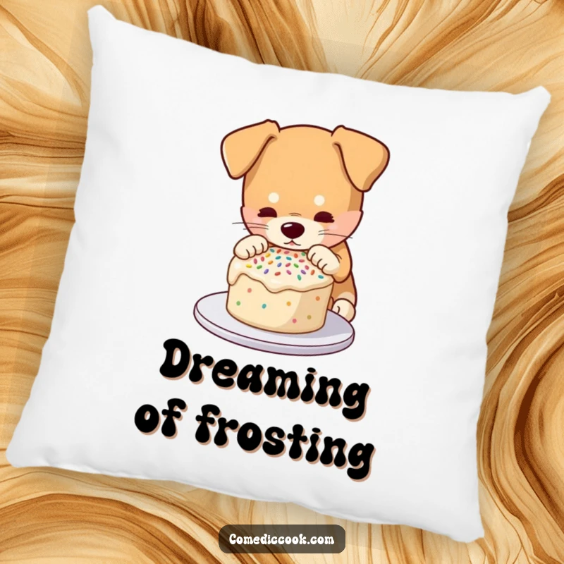 Funny pillow with a dog carefully decorating a cake with sprinkles, offering comfort and a humorous touch for baking enthusiasts' relaxation spaces.