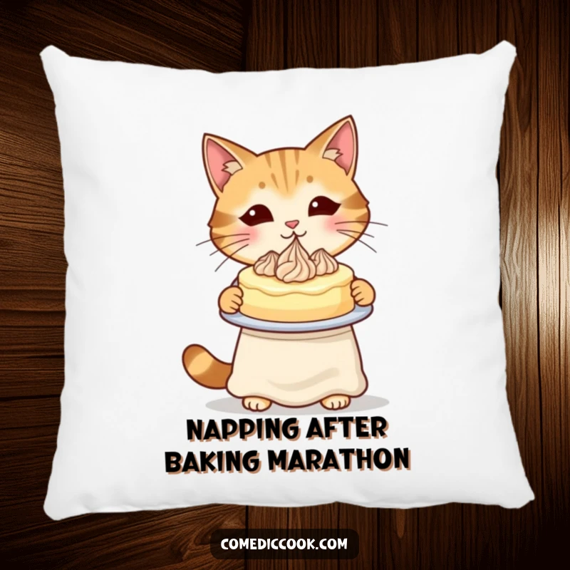 Funny Cat Baker Pillow with a cat in an apron presenting a fine cake, adding comfort and charm.