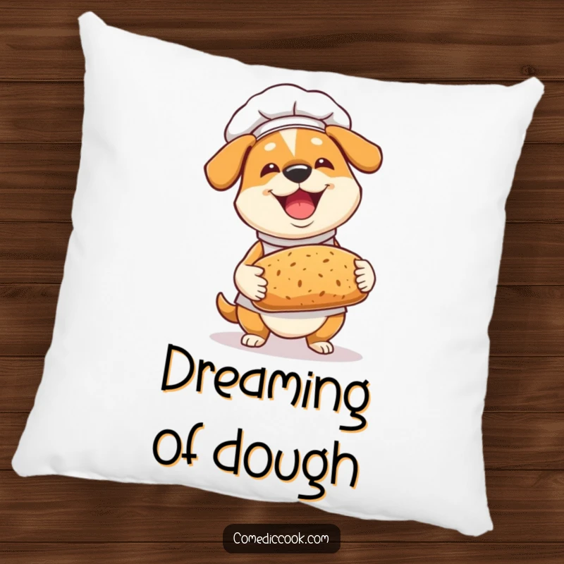 Funny Dog Chef Pillow: A joyful dog chef proudly presents bread, a soft and hilarious decorative accent.